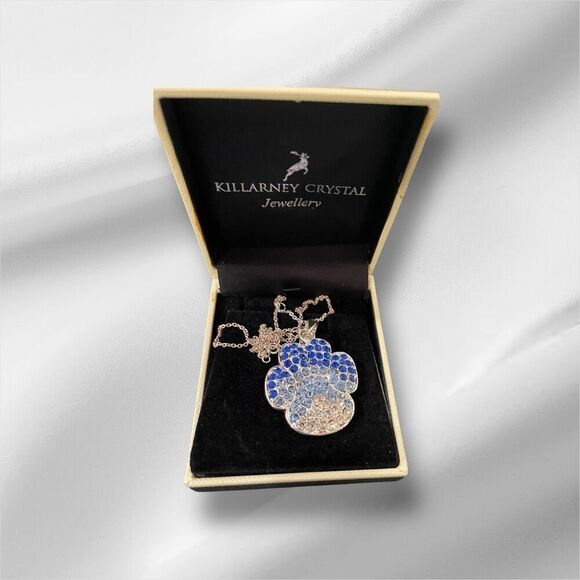 Killarney Crystal Paw Print Pendant Necklace Blue And Clear Crystals - Picture 1 of 2
